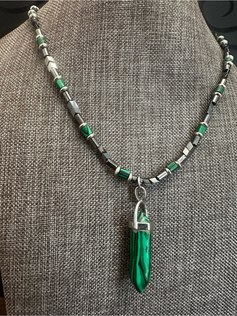 Green Malachite-Style Pendant Necklace on Hematite Bead Chain